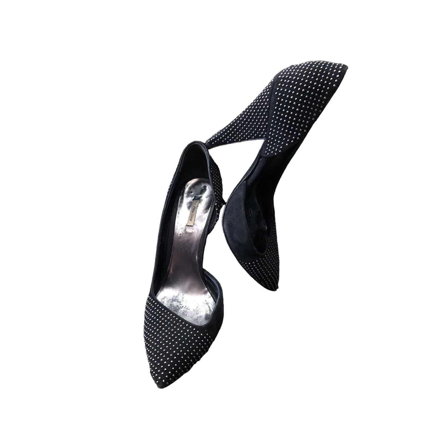 Miu Miu black suede geometric d'orsay heels w chrome studs