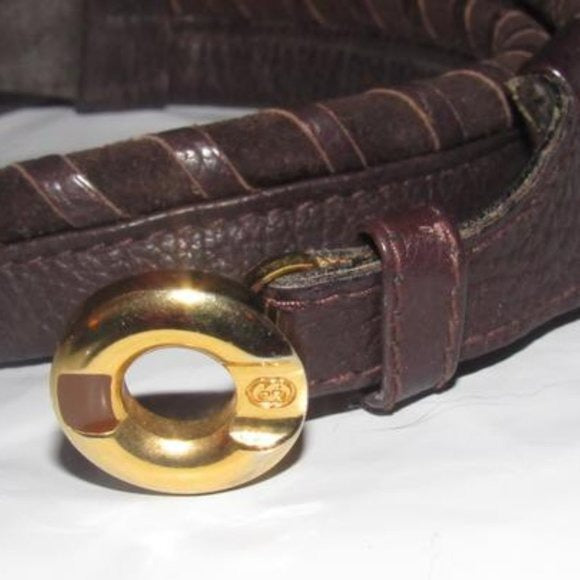 Early, vintage, Gucci, brown whip-stitched, leather belt with a round, gold & enamel buckle