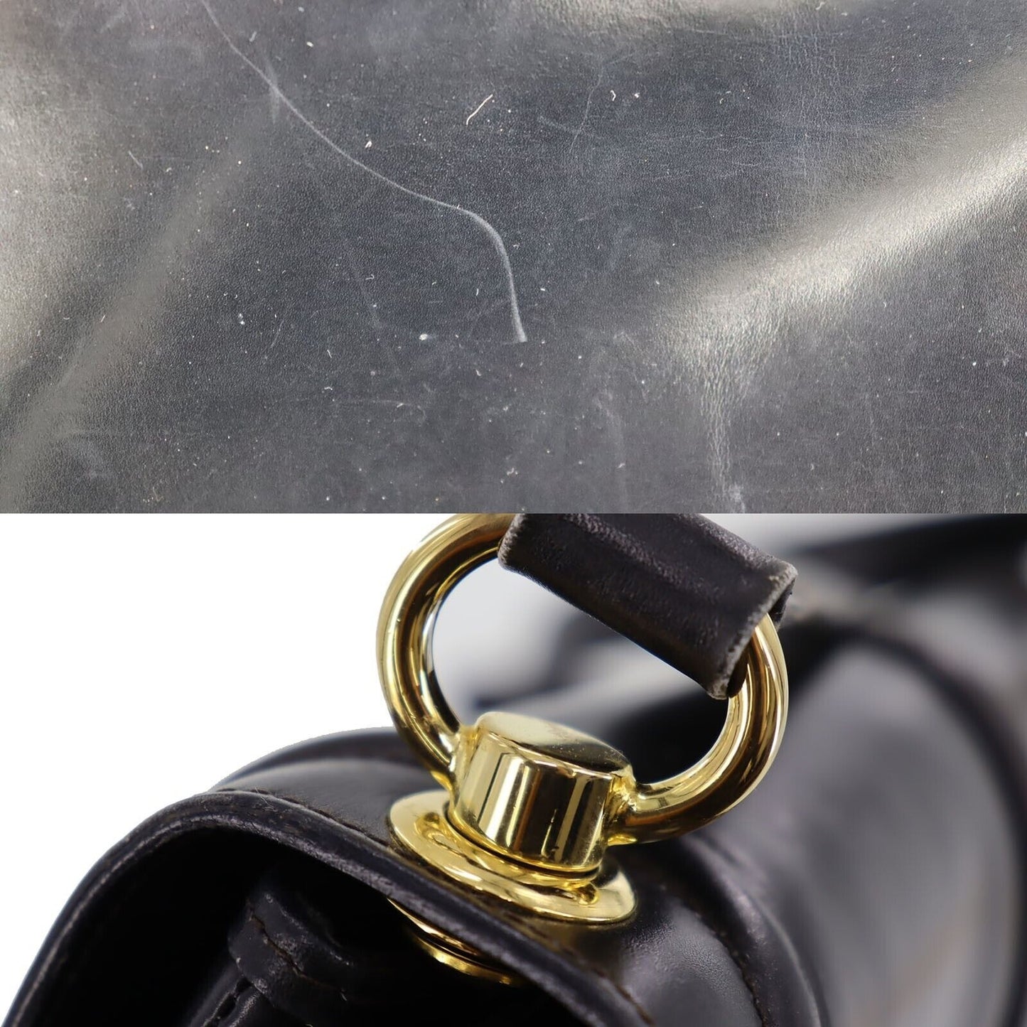 Vintage, navy leather, Gucci shoulder bag with XL gold & tan leather horsebit accent with cut-out & 'GUCCI' engraved on top