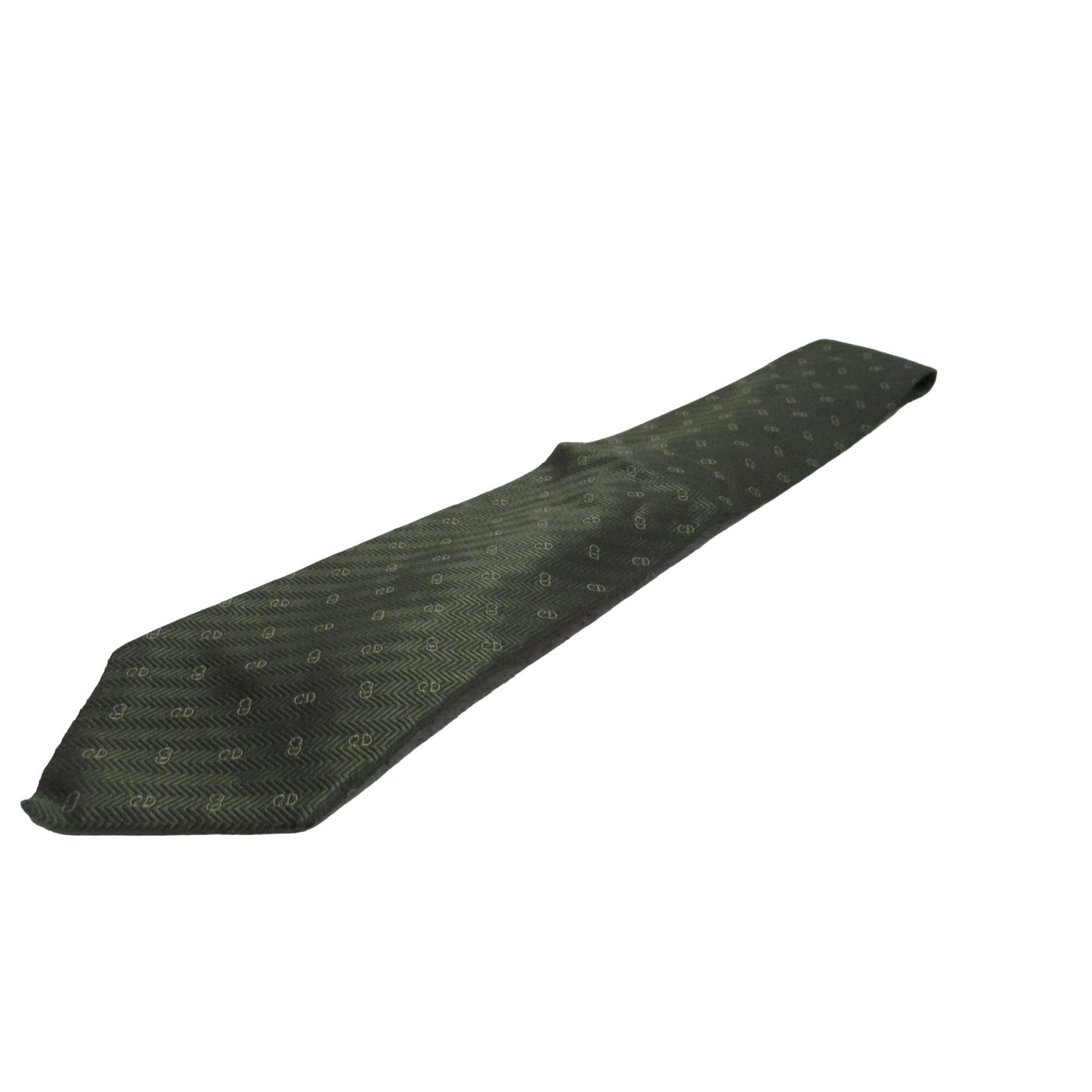 Vintage Christian Dior tie made of 100% textured, olive green silk with a logo print in shades of tan