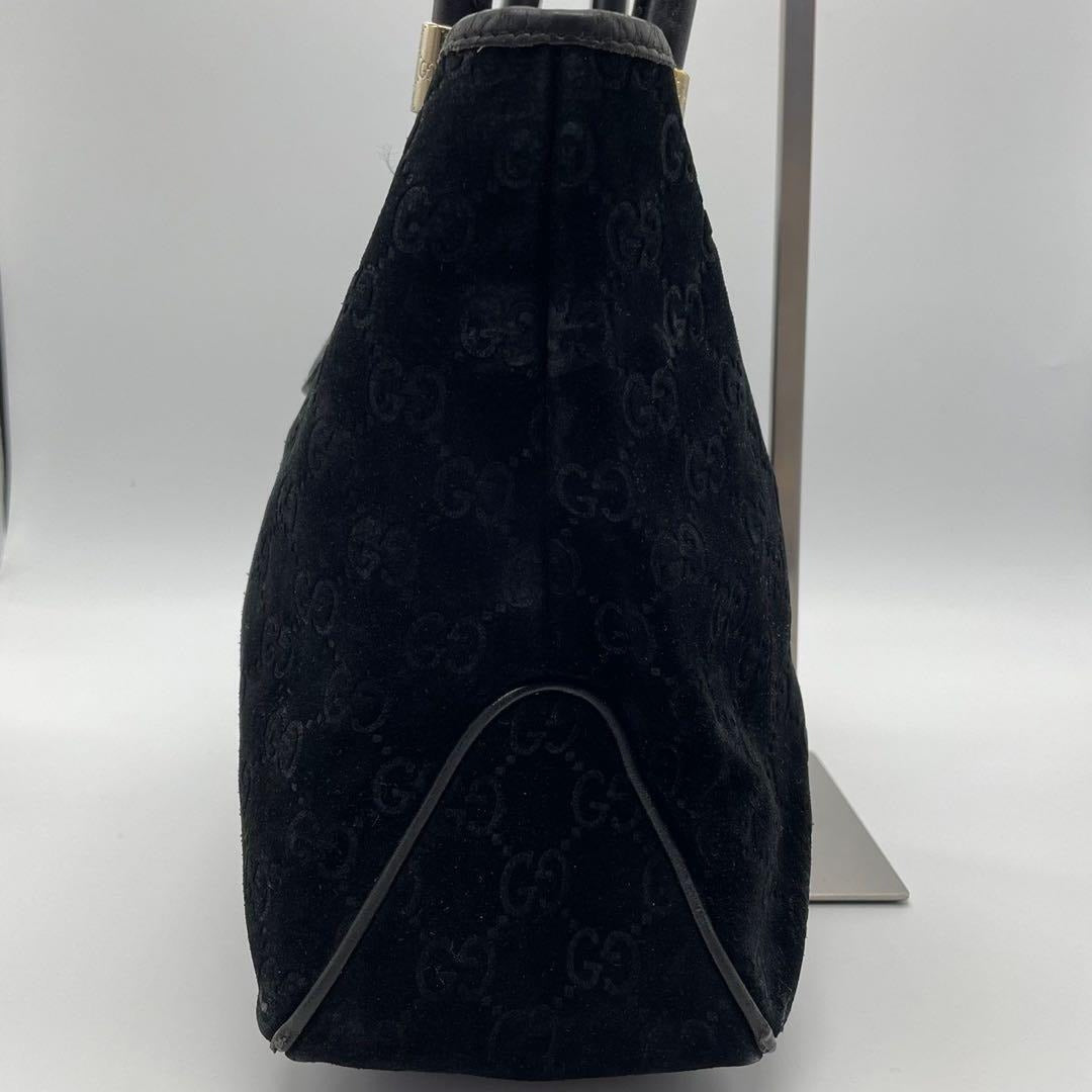 Gucci metallic G on black suede satchel w red & blue stripe