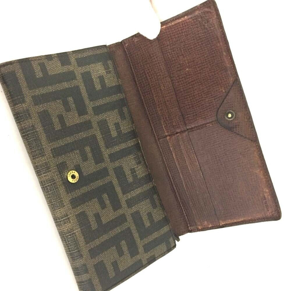 Vintage, classic, Fendi, brown leather Zucca print, bi-fold, XL checkbook wallet