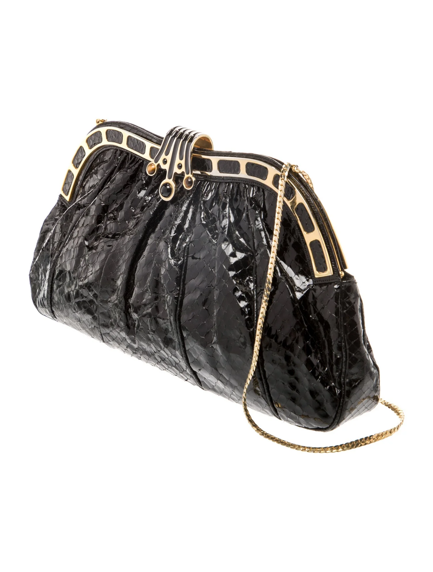 Judith Lieber black snakeskin two-way purse with tiger's eye & onyx