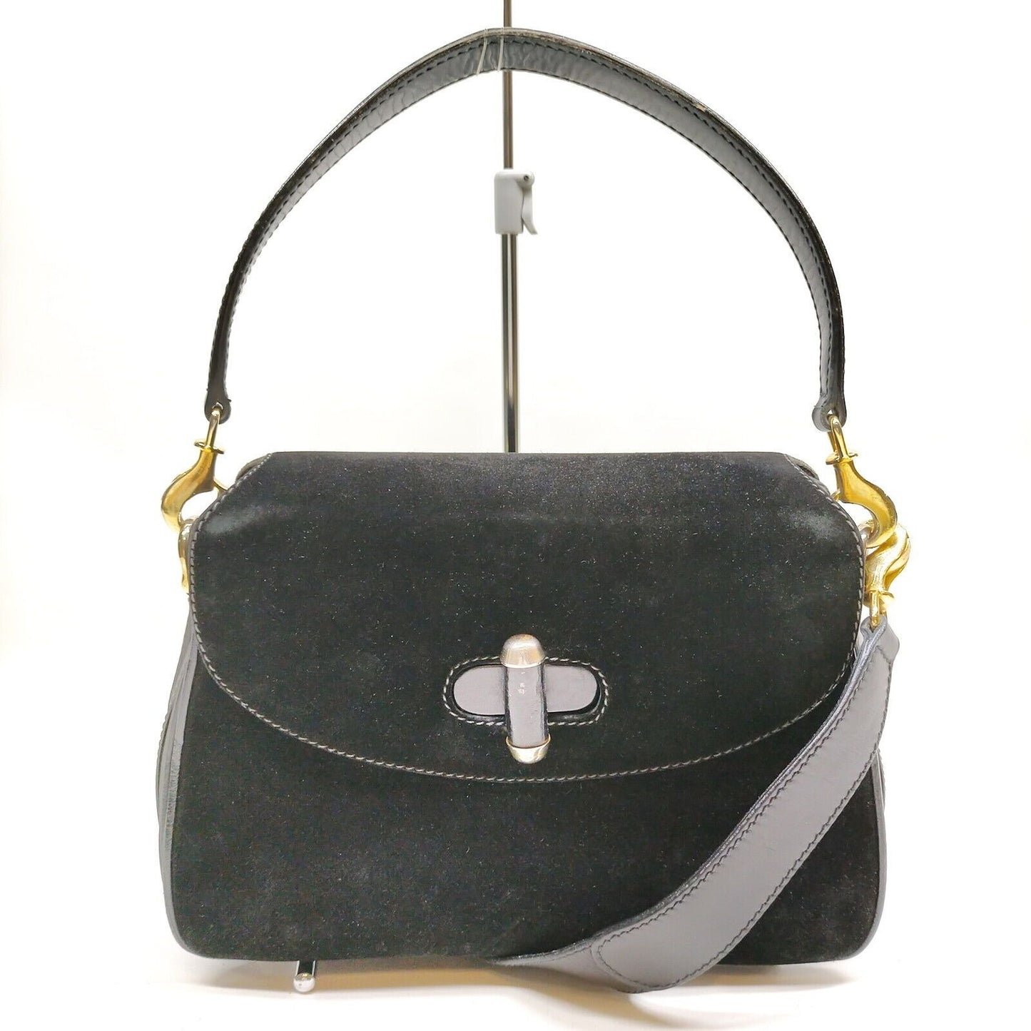 Gucci black leather and suede 1947 Bamboo two-way purse