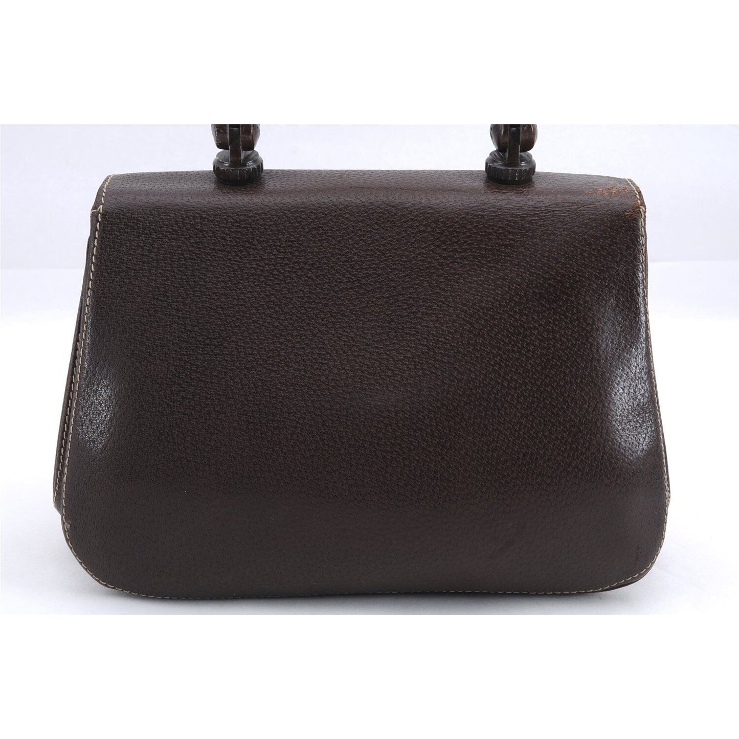 Vintage Gucci boarskin leather top handle Kelly style purse with bamboo look accents and carved wood handle