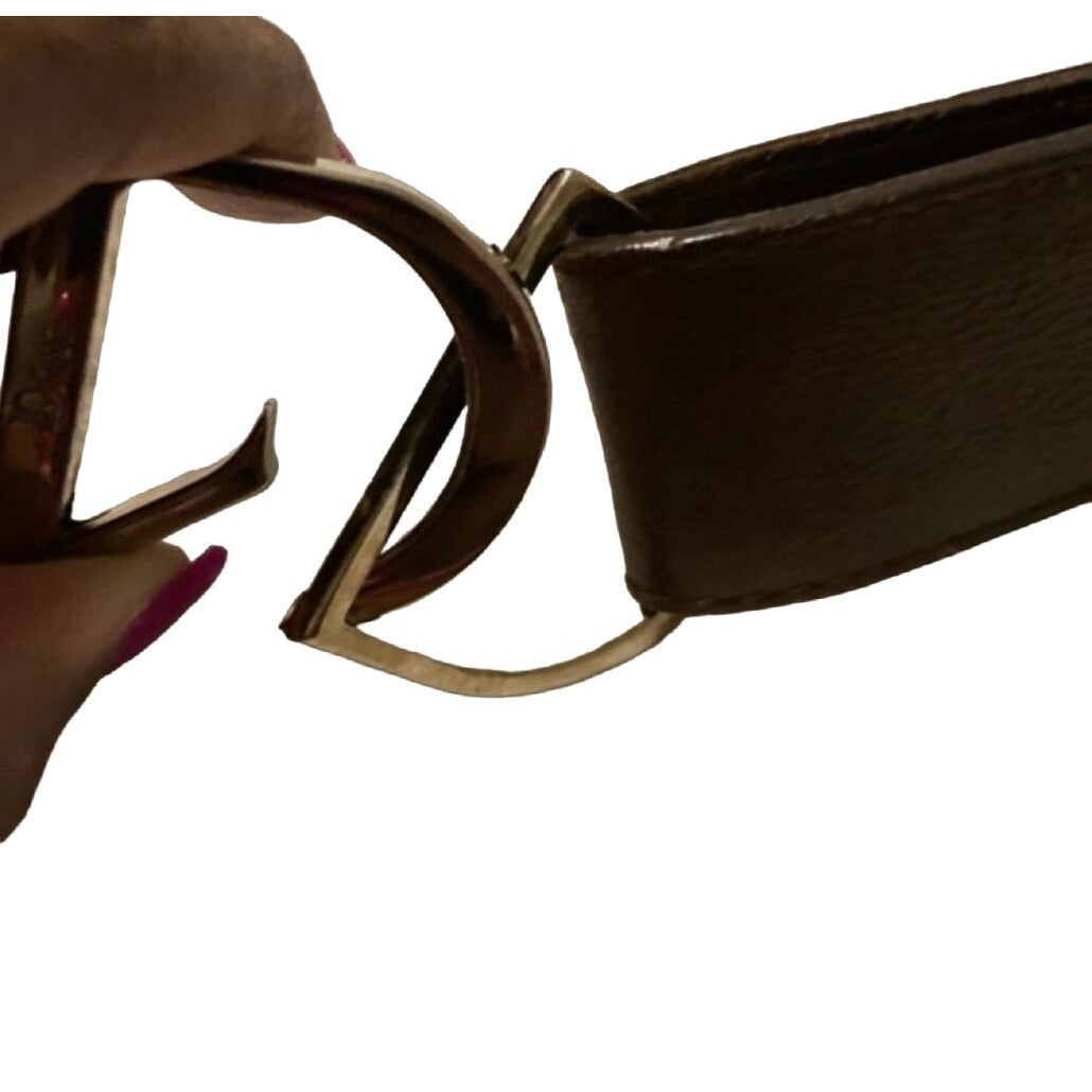 Christian Dior, brown textured leather belt and bold, gold tone metal, open 'D' logo buckle
