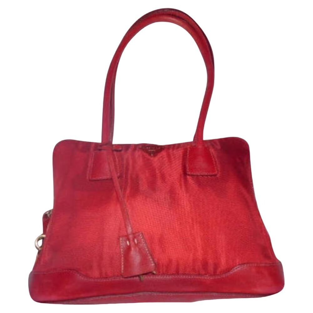 Prada nylon & red leather shoulder bag w chrome & lock/key