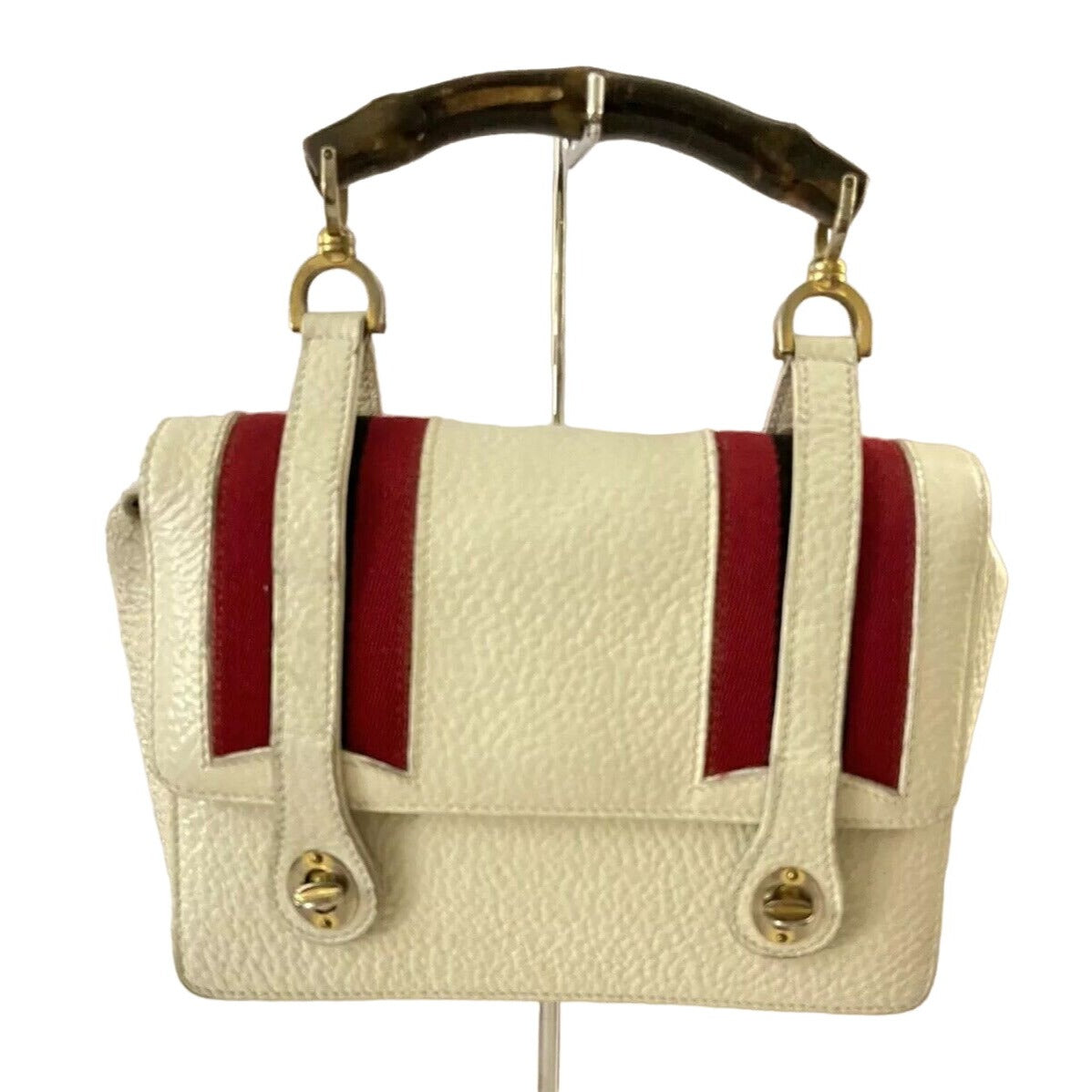RARE Gucci white leather lunchbox bamboo bag w red & blue stripes