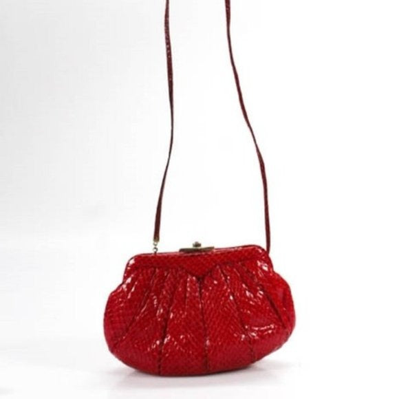 Judith Leiber Vintage Red Snakeskin Leather Two-Way Cross Body or Clutch Evening Bag w Red Stone Clasp