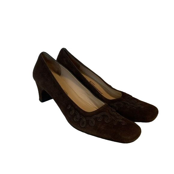 Ferragamo Brown Suede Pumps w Brocade Design