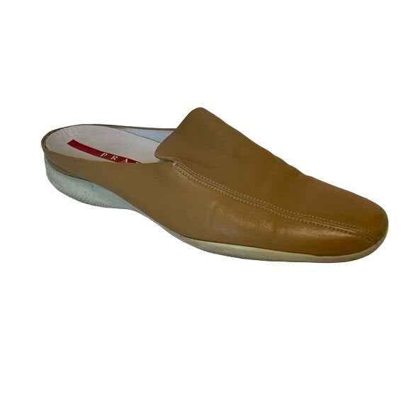 PRADA Camel Beige Squared Toe Slide Mules