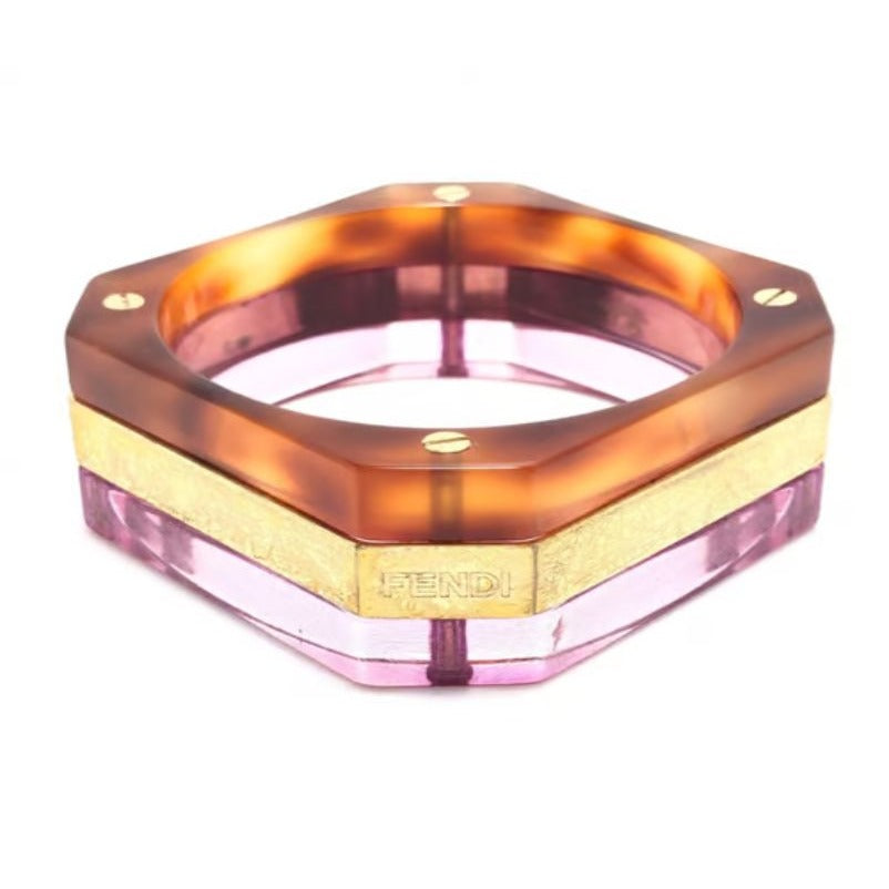RARE, vintage, Fendi tri-color square resin/Lucite bangle in purple, gold, & tortoise shell