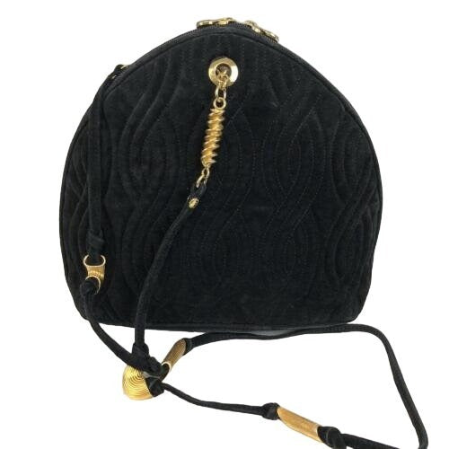 Fendi, black quilted suede with a 'pasta' or 'noodle' design, two way, sling style- clutch or cross body bag with gold 'pasta' accent beads