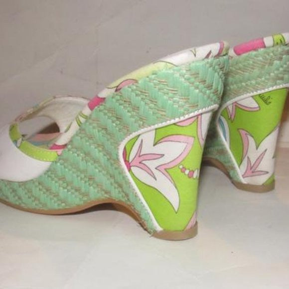 Pucci White Leather & Colorful Floral Mule Wedges!