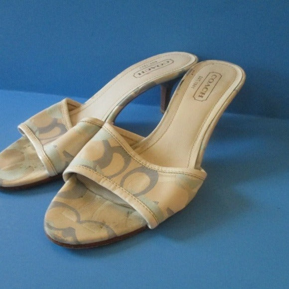 COACH Logo Print Canvas & Leather, Mule Style Slides in Shades of Ble and White with Stacked Heels