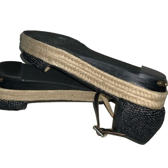 Rachel Zoe Black Raffia Ankle Strap Sandals Espadrille Wedge Soles