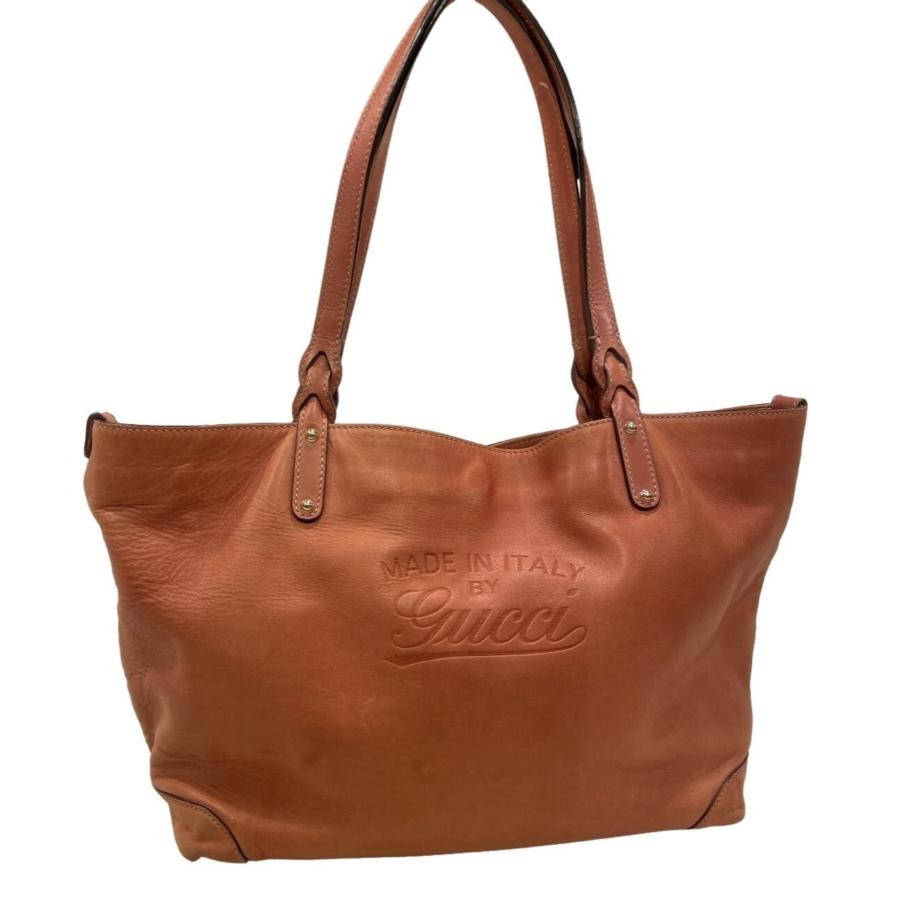 Gucci caramel leather craft XL tote with a python wallet, braided handles, & 'Made in Italy by Gucci' embossed on the front
