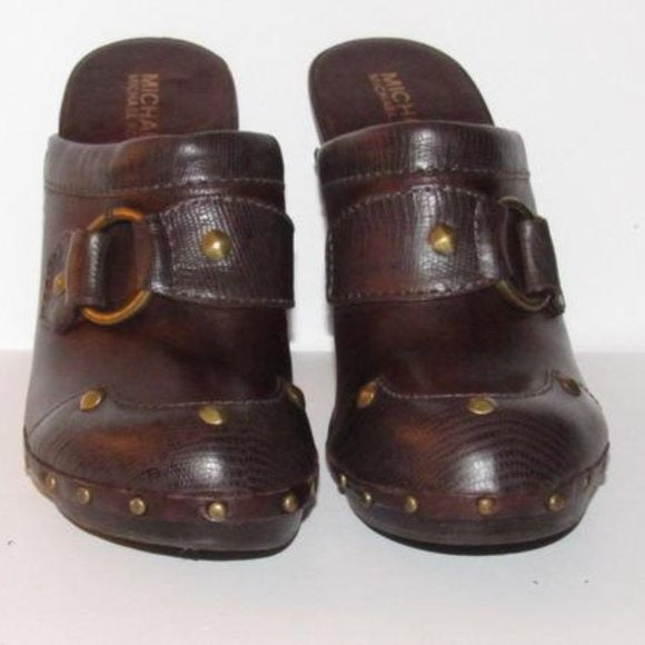 Michael Kors Brown Leather Gold Rivets Mule Slides