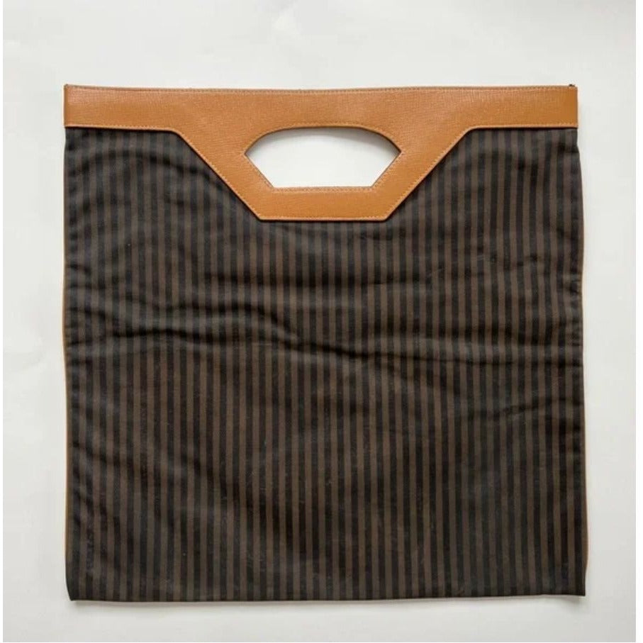 Fendi regimental stripe canvas & camel leather tote