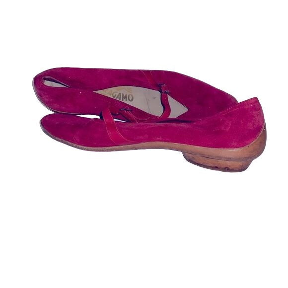 Salvadore Ferragamo Cranberry Red Suede Mary Jane Flats