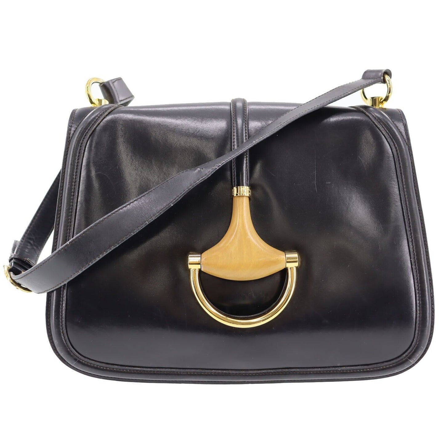 Vintage, navy leather, Gucci shoulder bag with XL gold & tan leather horsebit accent with cut-out & 'GUCCI' engraved on top