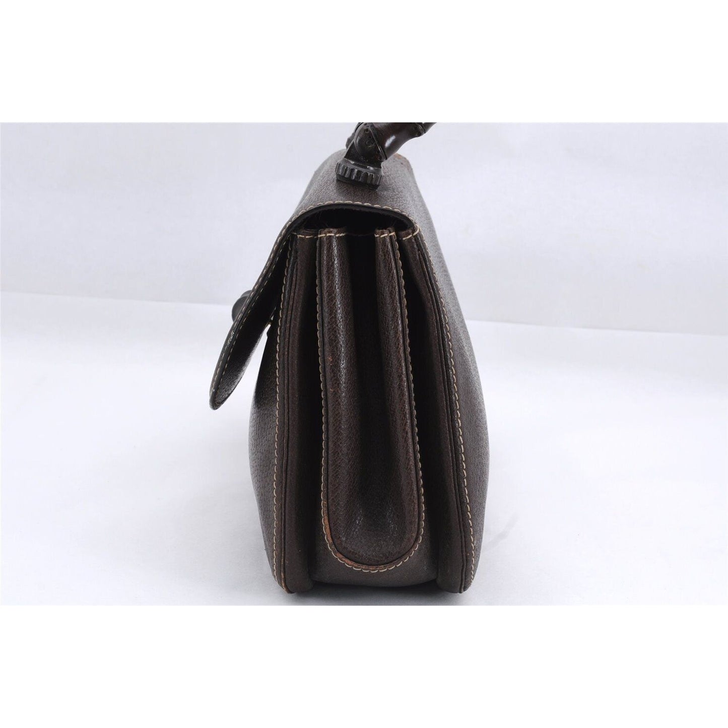 Vintage Gucci boarskin leather top handle Kelly style purse with bamboo look accents and carved wood handle