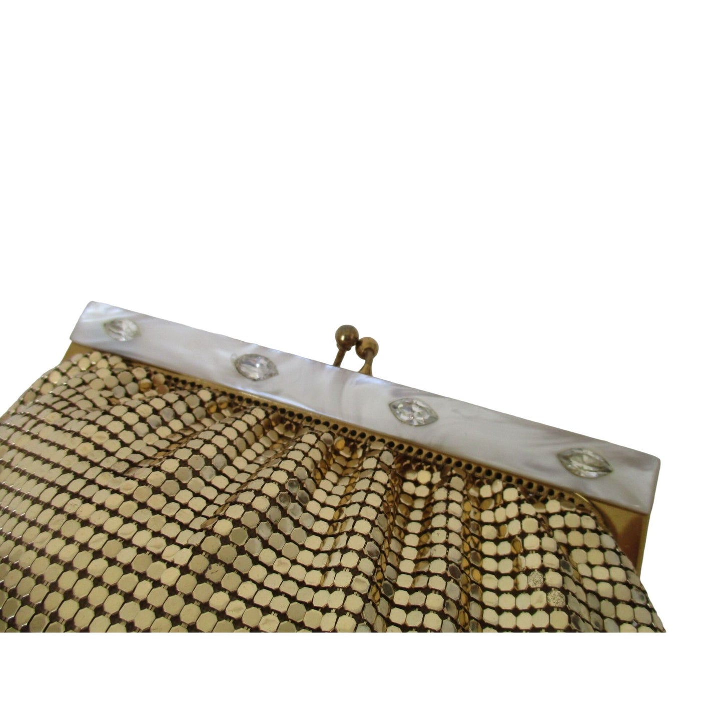Mint Condition, Whiting and Davis, gold mirrored mesh, Art Deco, evening bag with a kiss closure & mother of pearl & rhinestone accents