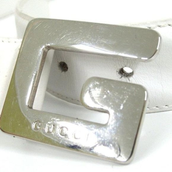 GUCCI White Leather Belt w Chrome Square G Buckle