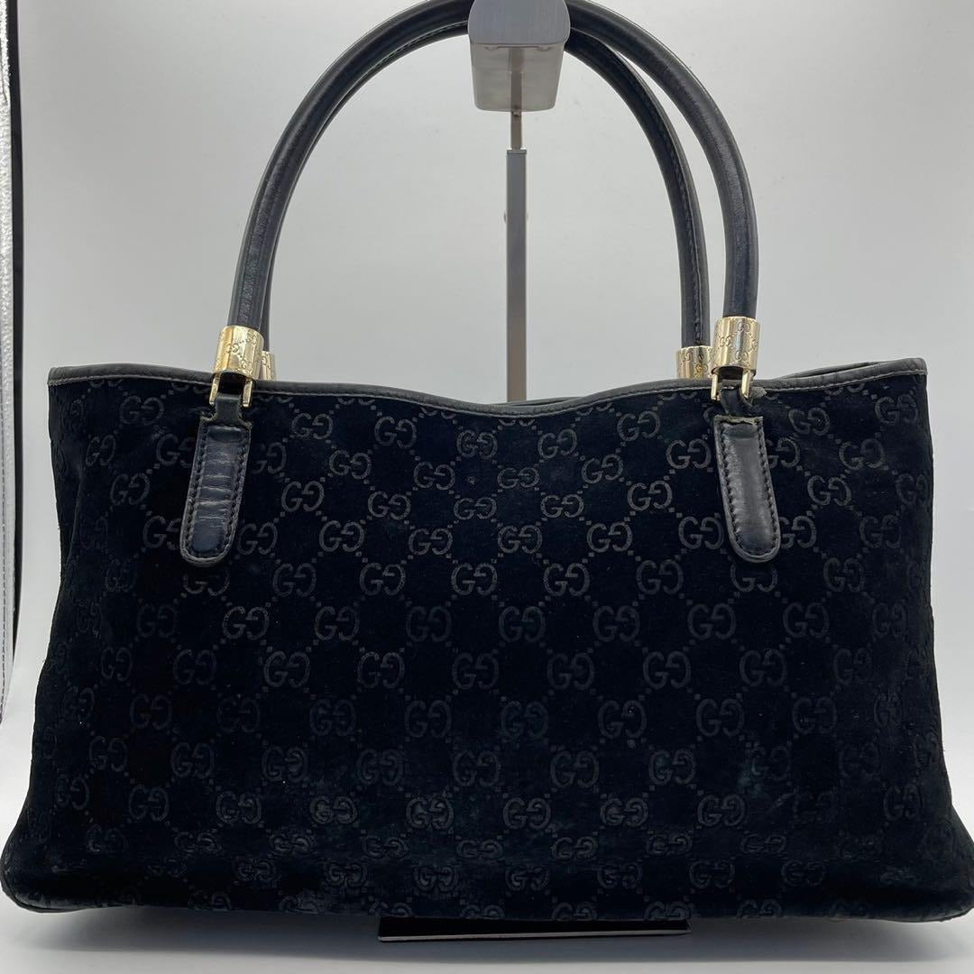 Gucci metallic G on black suede satchel w red & blue stripe