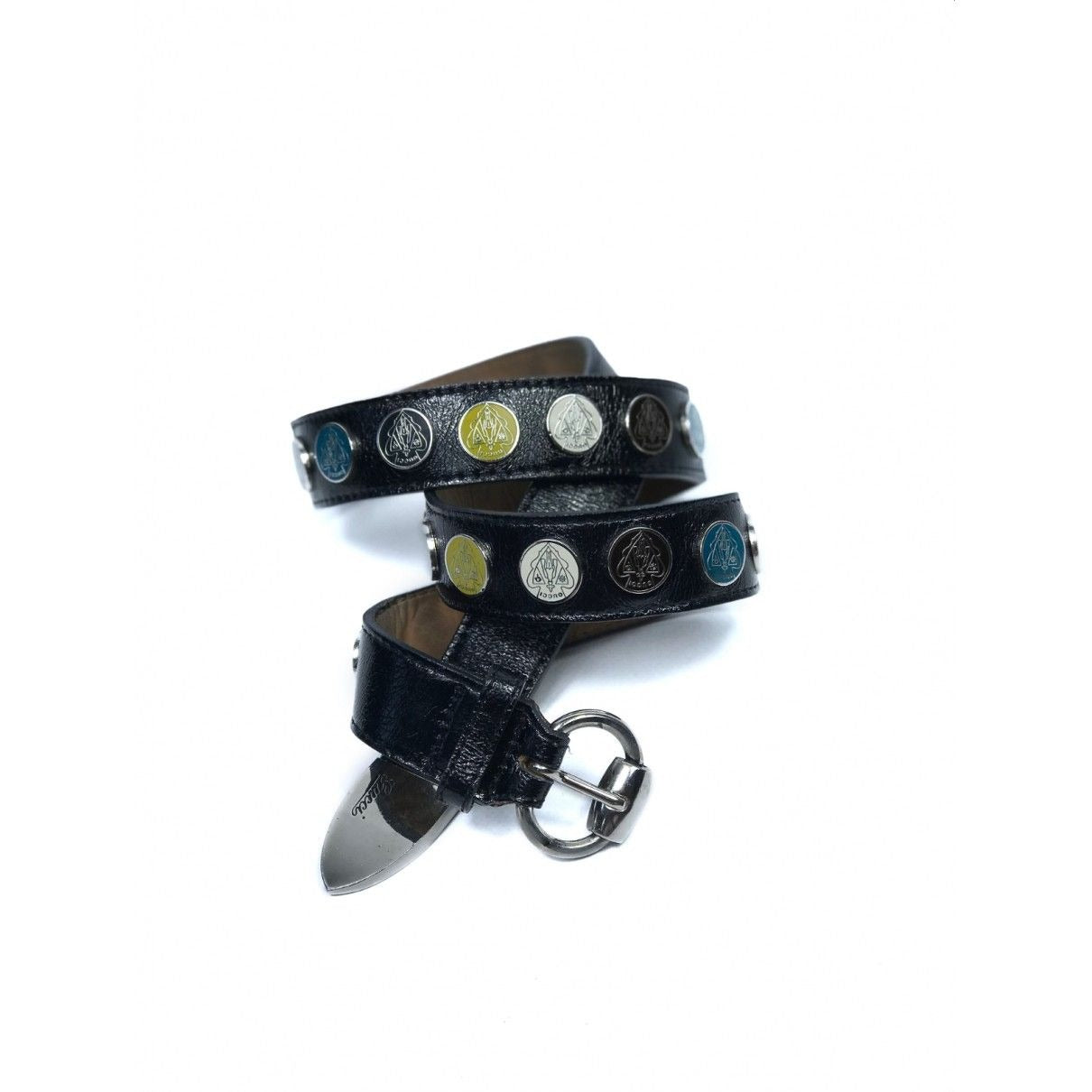 RARE, Gucci, black leather belt with a round, chrome, buckle, yellow, black, white & teal enamel & chrome engraved w the Gucci crest