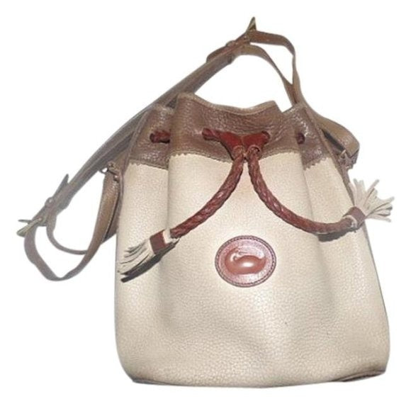 Early Dooney & Bourke, 'Teton' style, taupe, camel, brown leather, large, braided leather, drawstring top, cross body bag