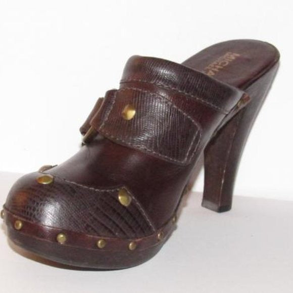 Michael Kors Brown Leather Gold Rivets Mule Slides