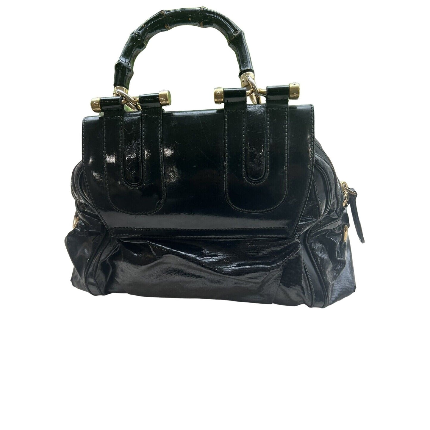 Gucci Navy Leather XL Two-Way Dialux Pop Bamboo Satchel