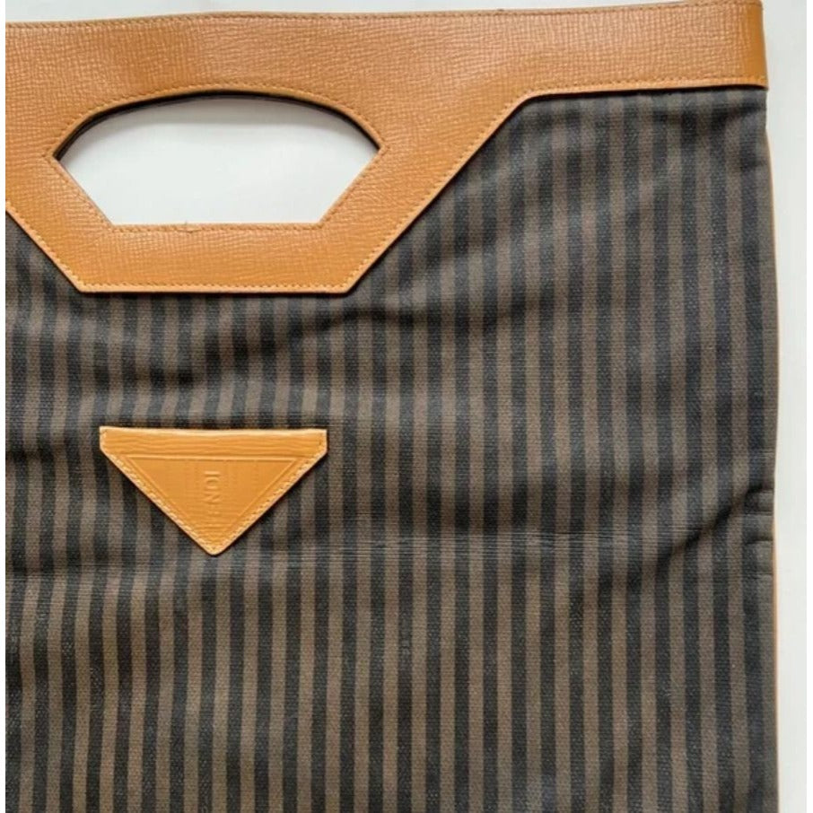 Fendi regimental stripe canvas & camel leather tote