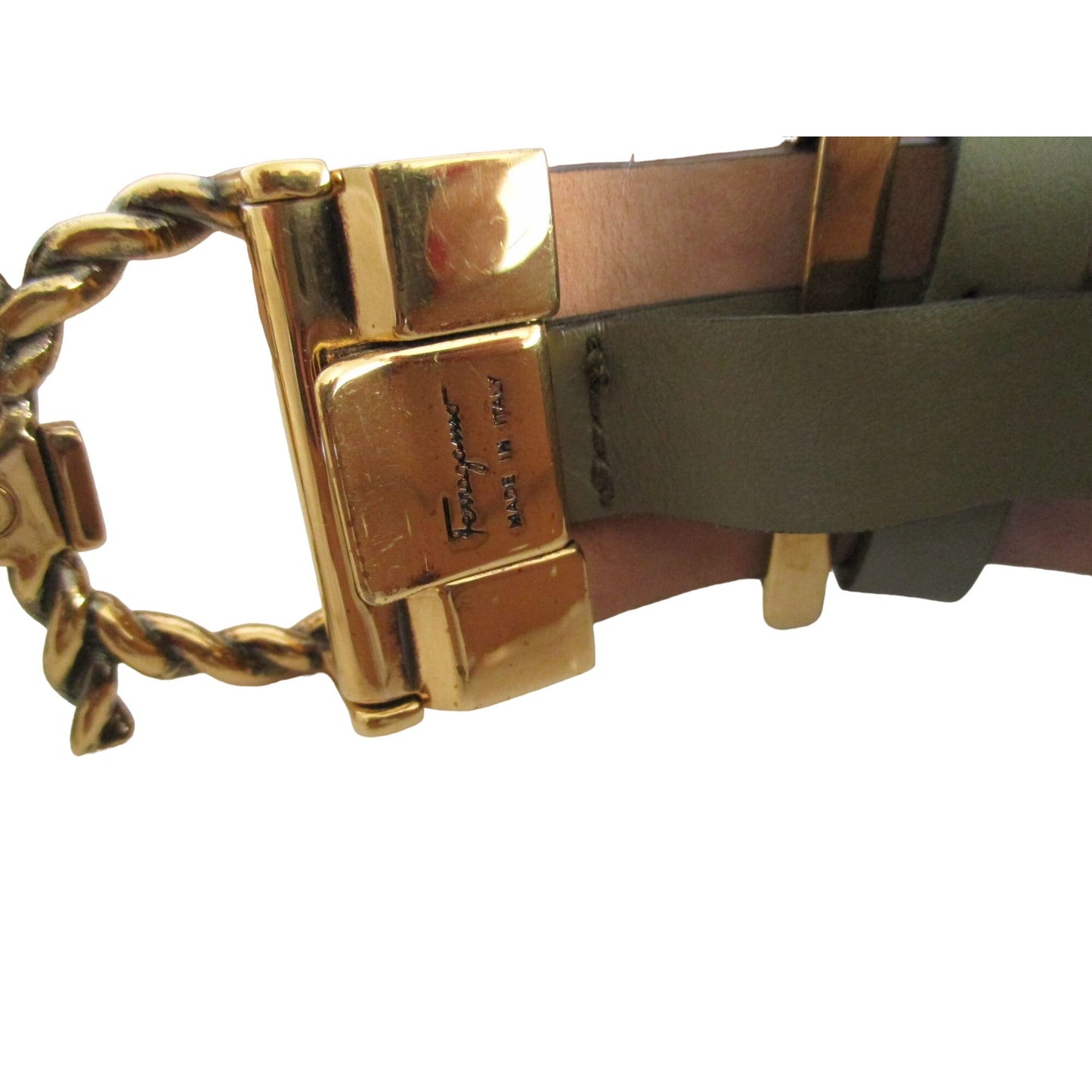 NWT Ferragamo Double Gancini Logo Green Leather Belt