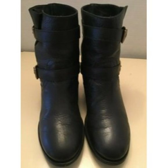 Kate Spade 'Sabina', size 8, black leather biker style ankle boots with pull on closure