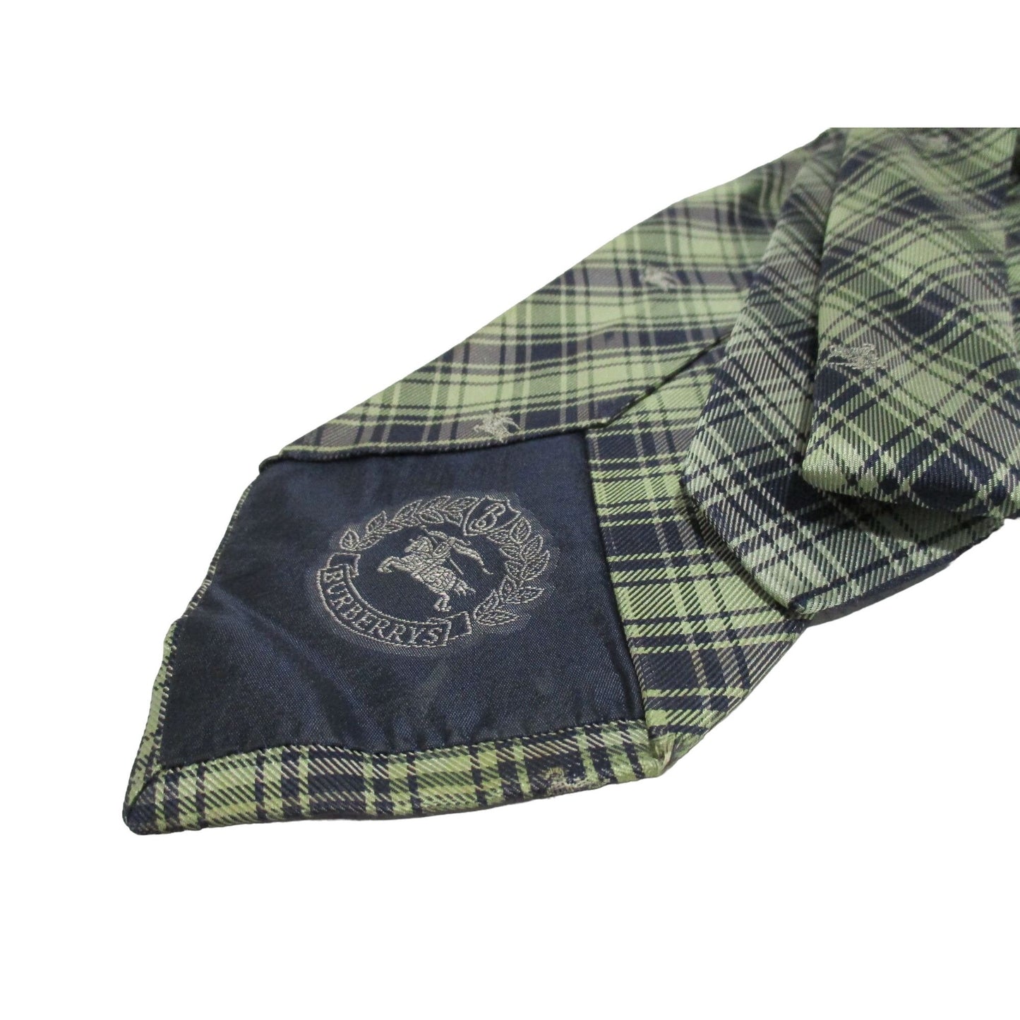 Vintage Burberry's of London tie made of 100% silk with an iconic plaid print with knights in shades of blue, yellow, and green