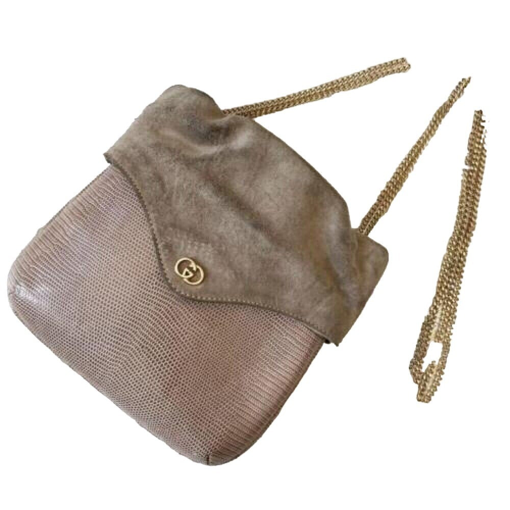 Rare, Gucci, taupe lizard leather, bucket bag with a removeable long gold chain strap