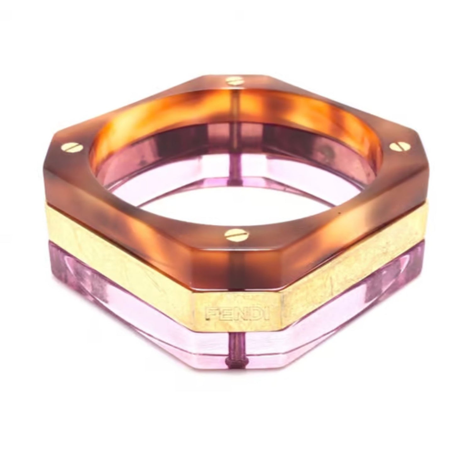 RARE, vintage, Fendi tri-color square resin/Lucite bangle in purple, gold, & tortoise shell