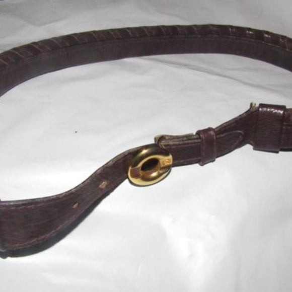 Early, vintage, Gucci, brown whip-stitched, leather belt with a round, gold & enamel buckle
