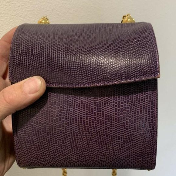 Henri Bendel Purple Reptile Boxy Purse w Gold Chain Strap