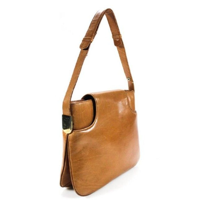 Gucci 1973 camel leather handbag w gold GG & lots of room