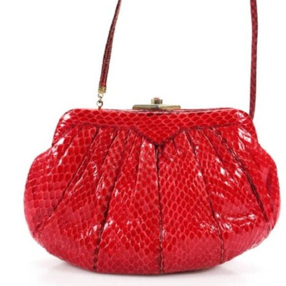 Judith Leiber Vintage Red Snakeskin Leather Two-Way Cross Body or Clutch Evening Bag w Red Stone Clasp