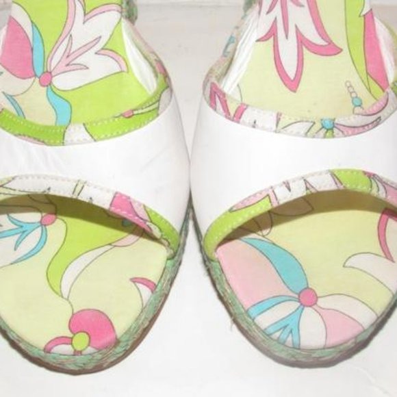 Pucci White Leather & Colorful Floral Mule Wedges!