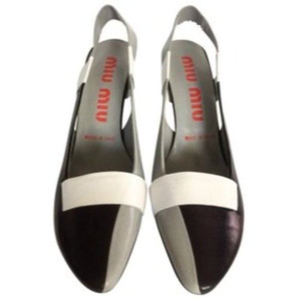 Miu Miu Black Grey White Slingback Wedge Heel