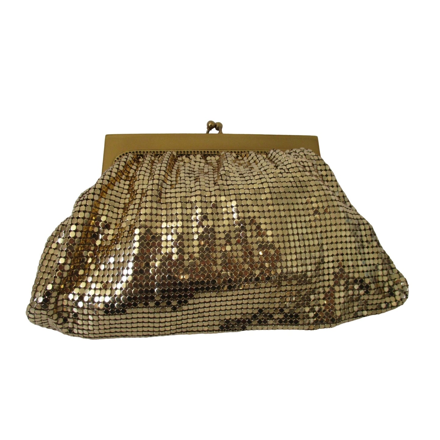 Mint Condition, Whiting and Davis, gold mirrored mesh, Art Deco, evening bag with a kiss closure & mother of pearl & rhinestone accents