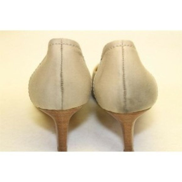 Miu Miu, size EU 39.5/9.5B US, khaki canvas and orange leather, squared, pointy toe, heels with 2" kitten heels, square, orange leather and chrome buckles, wood look heels, and chrome hardware