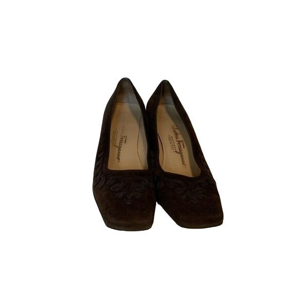Ferragamo Brown Suede Pumps w Brocade Design