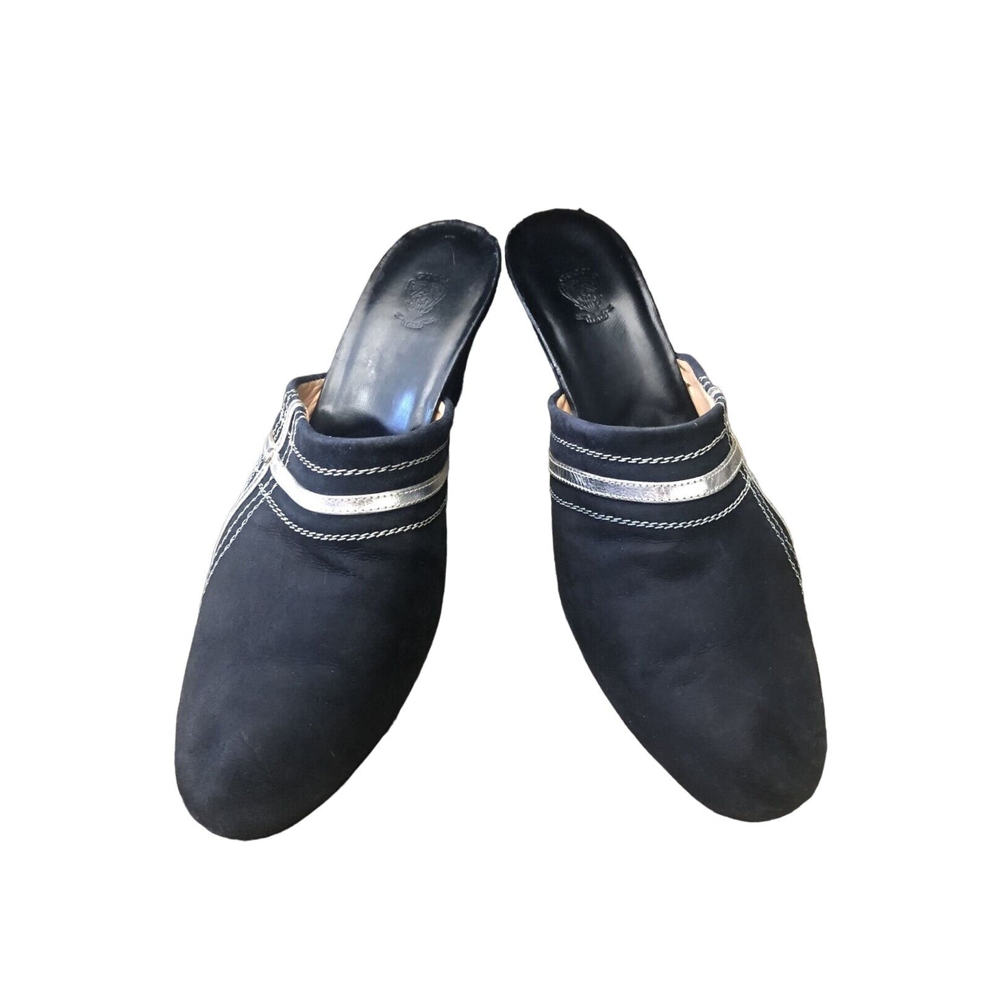Gucci 1970s- 80s black silk over leather metallic shoes