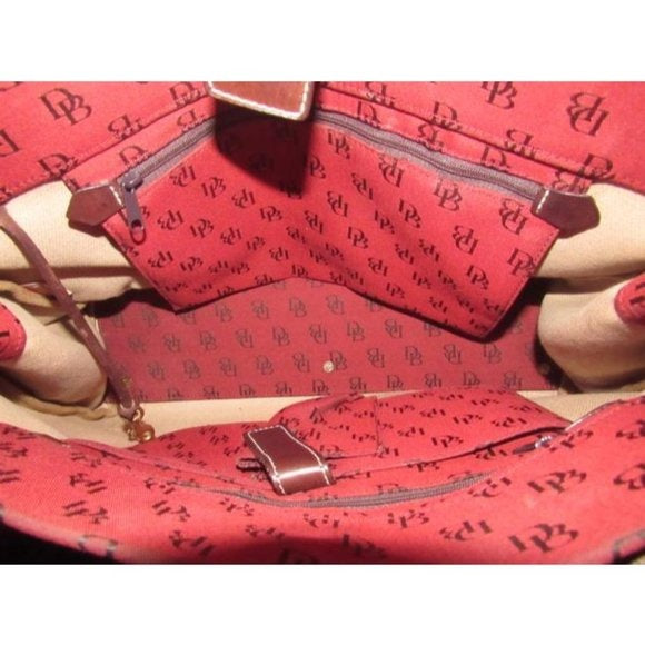Dooney And Bourke Dark Red And Brown Canvas DB Logo Print Purse